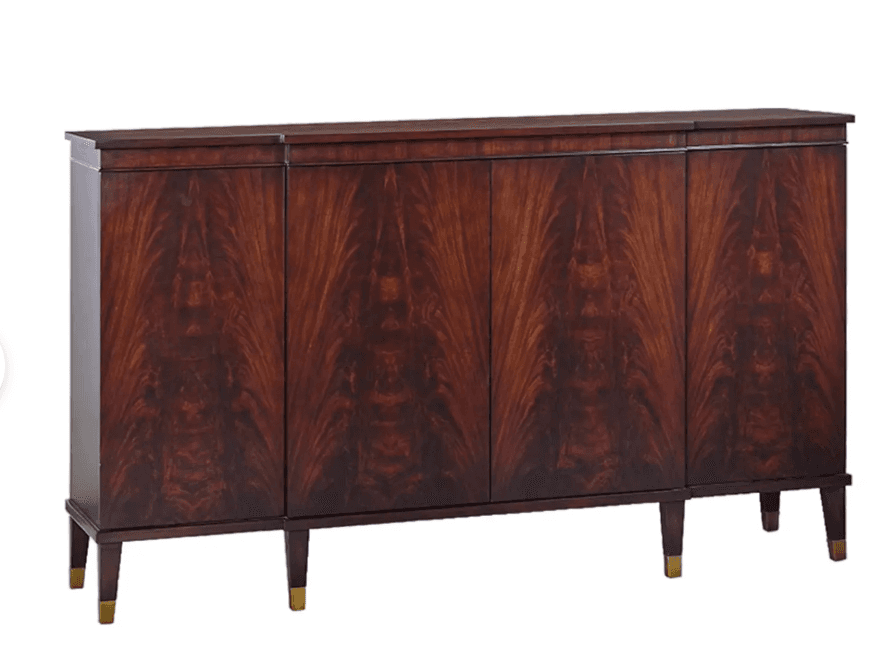 A long, low dark wood sideboard or credenza featuring four doors with striking book-matched veneer patterns, set on tapered legs with brass-capped feet. — 3D model