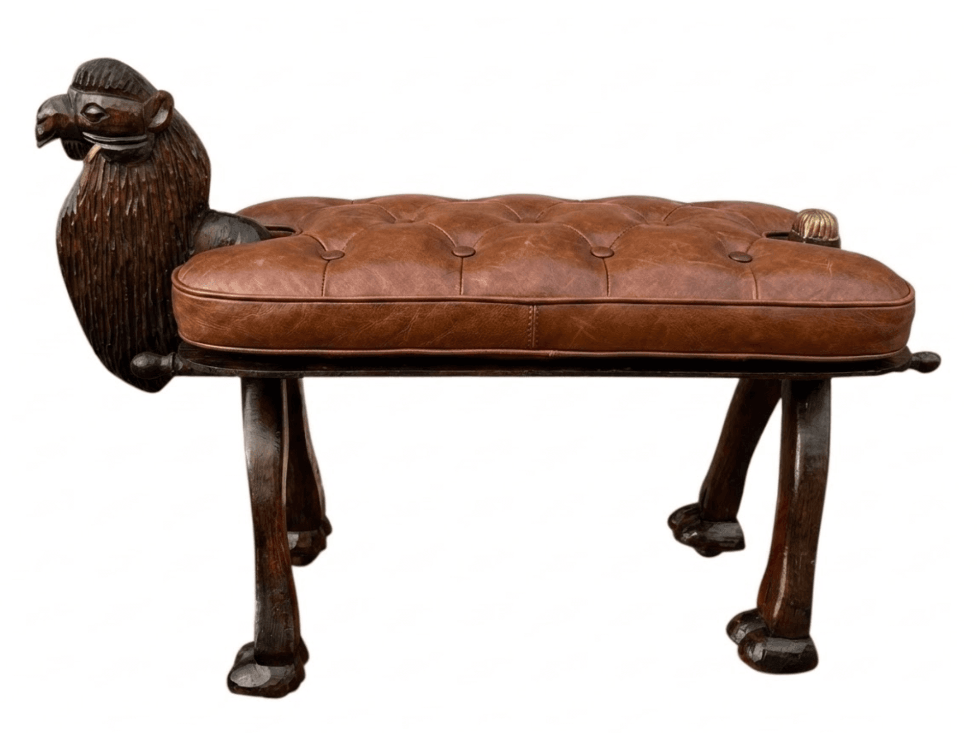 An elaborately crafted bench featuring a carved wooden camel head at one end and a brass finial at the other. The elongated seat is upholstered in rich brown tufted leather. The four legs are carved to resemble animal paw feet, and the entire wooden structure is finished in a dark stain, suggesting a historical or exotic design influence. — 3D model