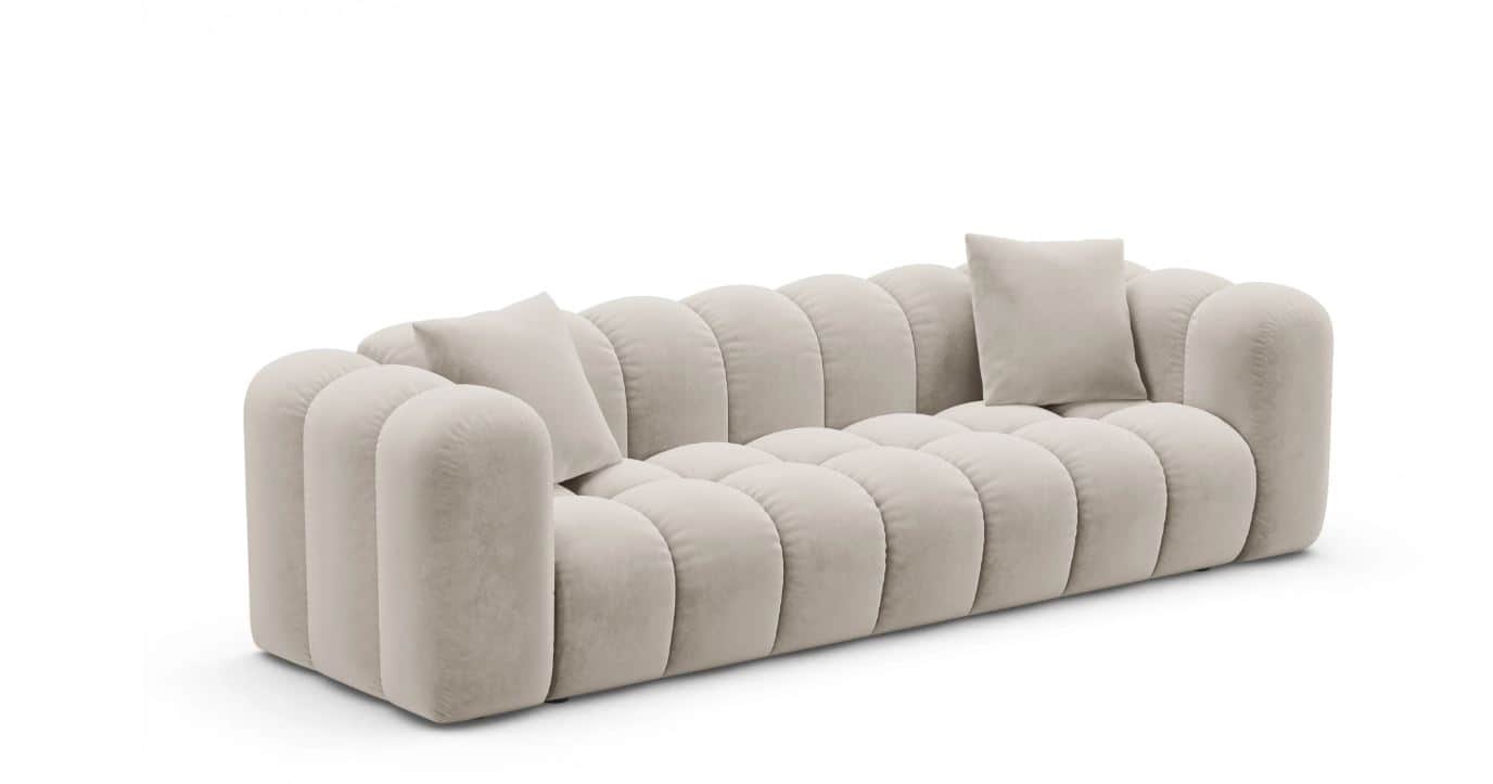 A plush, modern sofa with a unique, rounded channel tufting design. The sofa features generously pad… — 3D model