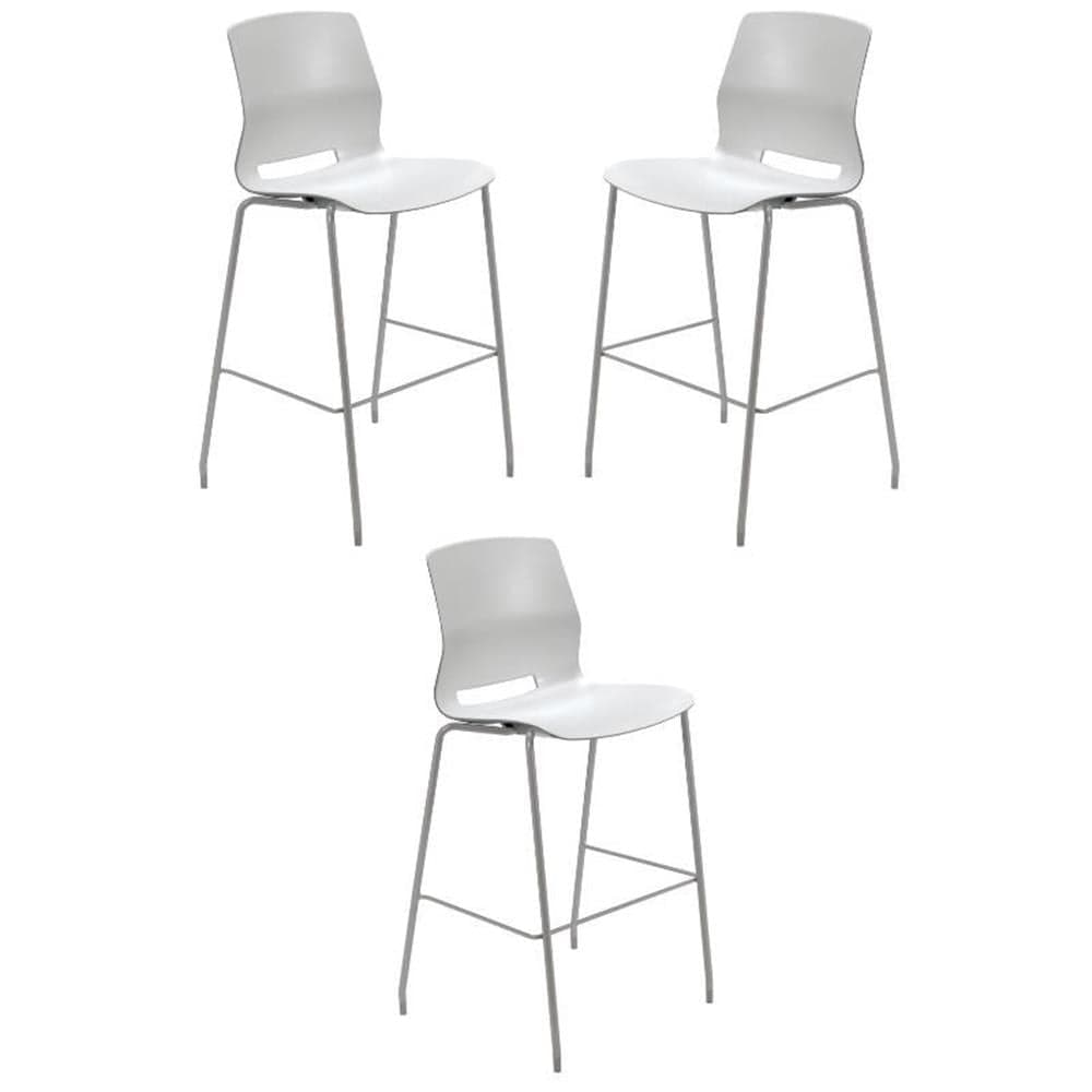 A modern bar stool featuring a single-piece white polypropylene seat and backrest, supported by a gray metal frame with a built-in footrest. — 3D model
