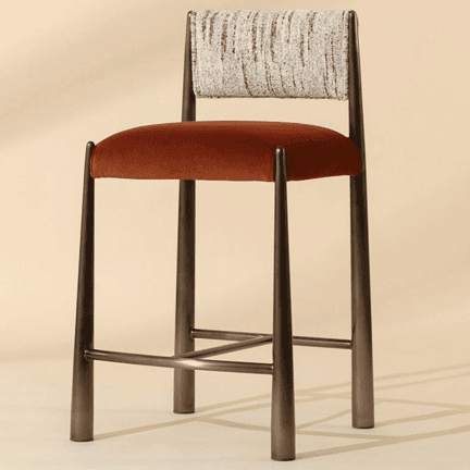 A contemporary bar stool featuring a dark bronze-toned metal frame with tapered legs and integrated… — 3D model