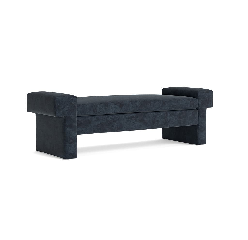 A dark-colored upholstered bench with blocky arms and legs. The bench has a rectangular seat and features a modern, geometric design. It appears to be covered in a textured fabric. — 3D model
