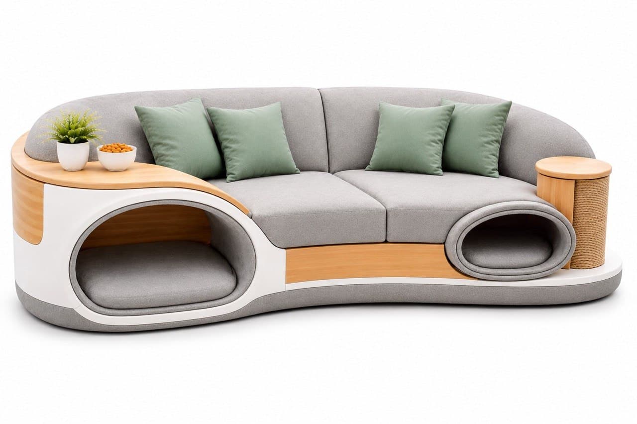 A modern, curved two-seater sofa featuring a gray upholstered fabric and light wood accents. It integrates two distinct pet sleeping areas with cushioned bases, one open cave-like space, and another enclosed with a scratching post wrapped in rope. A small wooden tabletop surface is integrated on the left side, serving as an end table. The sofa is supported by a sleek white and gray composite base, and accessorized with four light green throw pillows. — 3D model