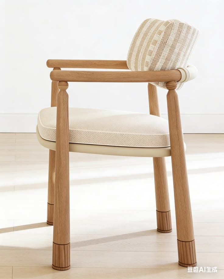 A contemporary armchair featuring a light-toned wooden frame, a neutral-toned upholstered seat cushion, and a distinctive patterned upholstered backrest cushion. The frame includes rounded wooden armrests and turned leg supports with reeded accents at the base. — 3D model