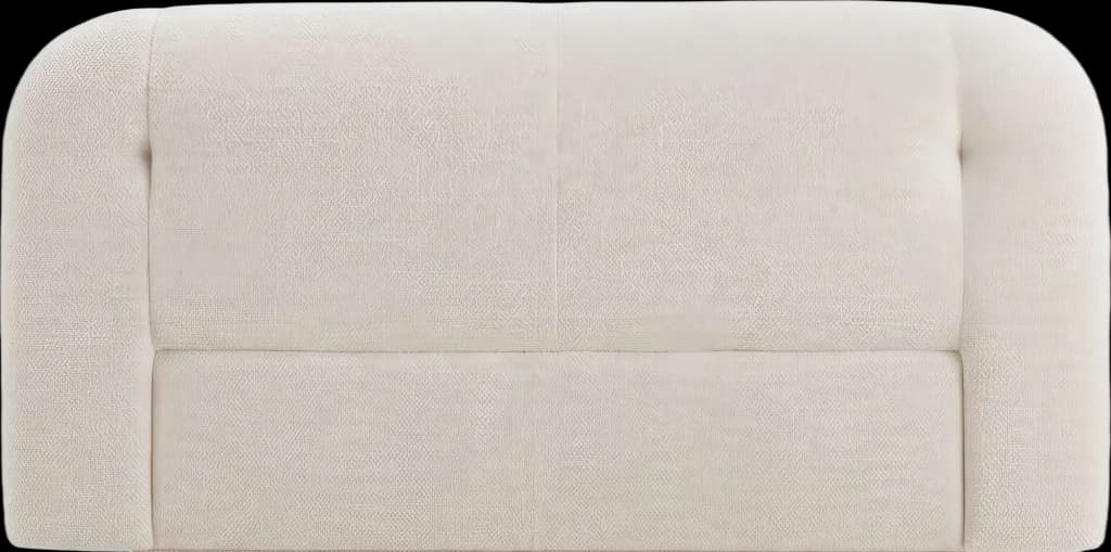 A cream-colored upholstered headboard featuring softly rounded top corners and a horizontal seam dividing its main panel. The headboard is fully covered in a textured fabric, giving it a plush and inviting appearance. — 3D model