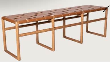 A long, rectangular bench featuring a light-toned wooden frame and a tan woven leather seat. The fra… — 3D model