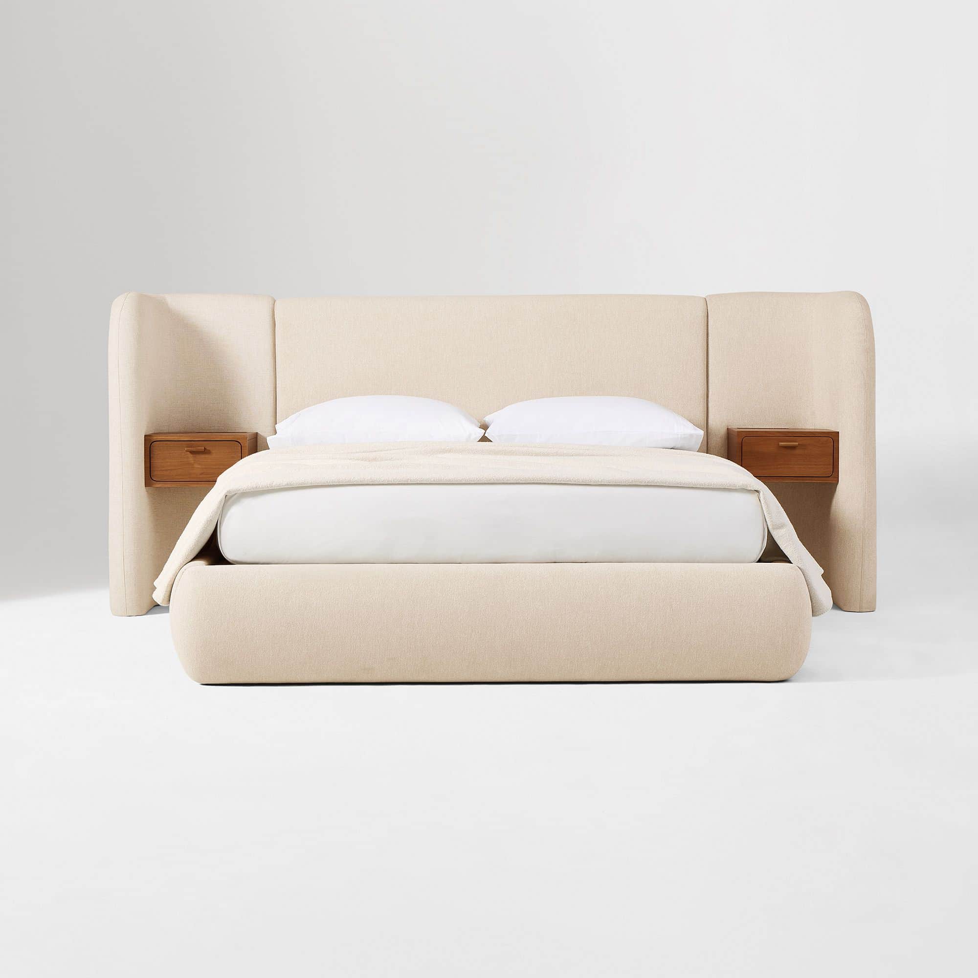 A platform bed with an integrated upholstered headboard that extends to the sides, creating wing-lik… — free OBJ 3D model