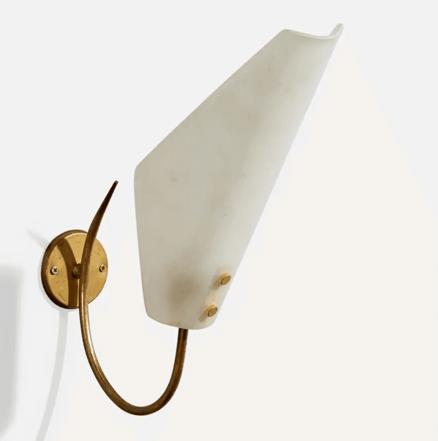 A vintage wall lamp featuring a conical white shade made of frosted or opaque glass, suspended from… — 3D model
