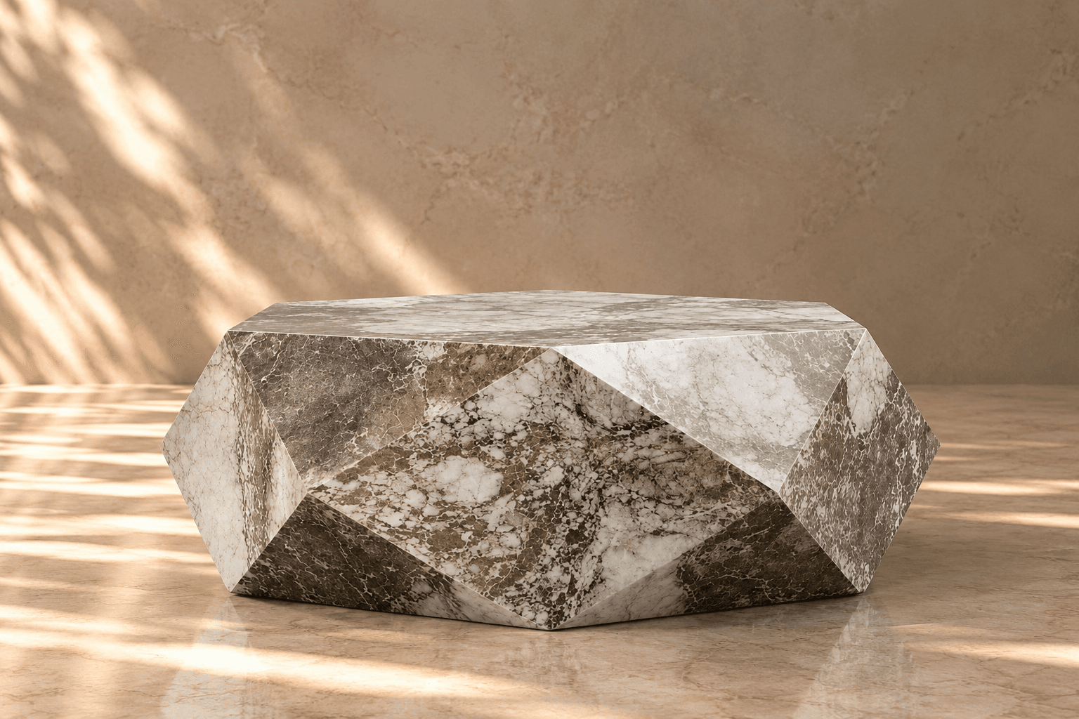 A low-profile, hexagonal coffee table crafted entirely from natural marble, featuring a distinctive faceted design. The marble exhibits a striking veined pattern in shades of white, grey, and brown. — 3D model