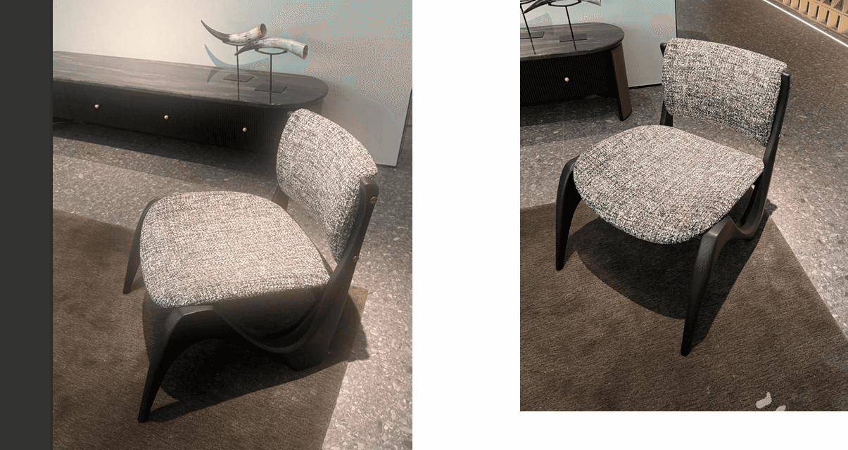 An armless dining chair featuring a distinctive dark, possibly ebonized wood frame with sculptural,… — 3D model