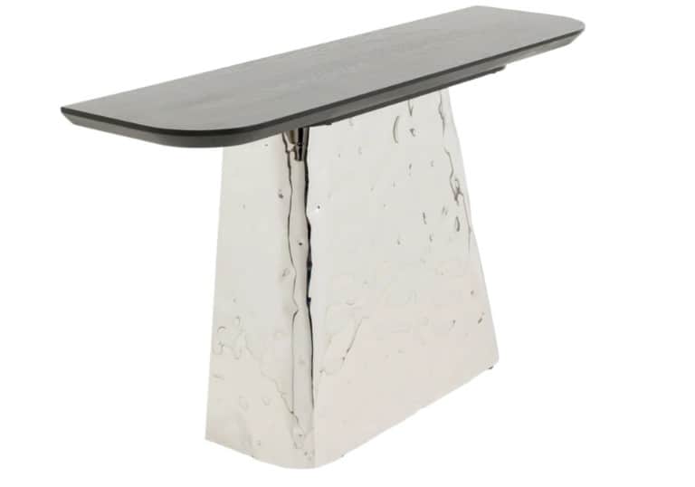 A modern console table featuring a dark, elongated rectangular top with gently rounded edges, suppor… — 3D model