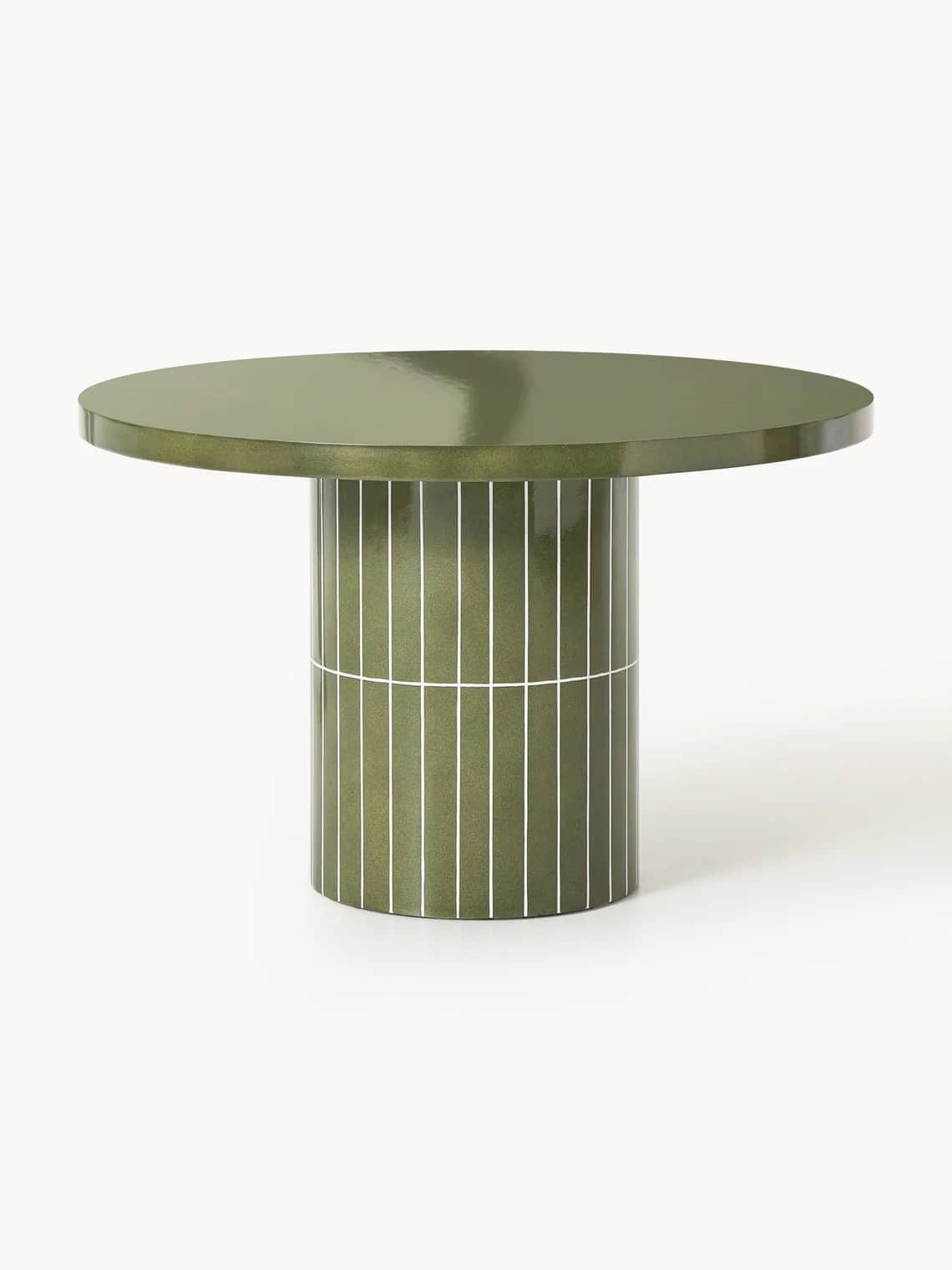 A round-top coffee table with a cylindrical pedestal base. The base features a decorative pattern of… — free SKP 3D model