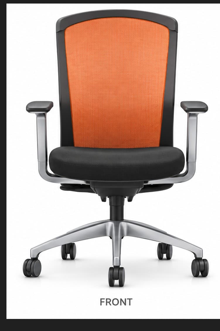 A modern ergonomic office chair featuring a vibrant orange mesh backrest, a padded black fabric seat, and adjustable armrests. It is supported by a silver-finished five-star base with casters for mobility. — 3D model