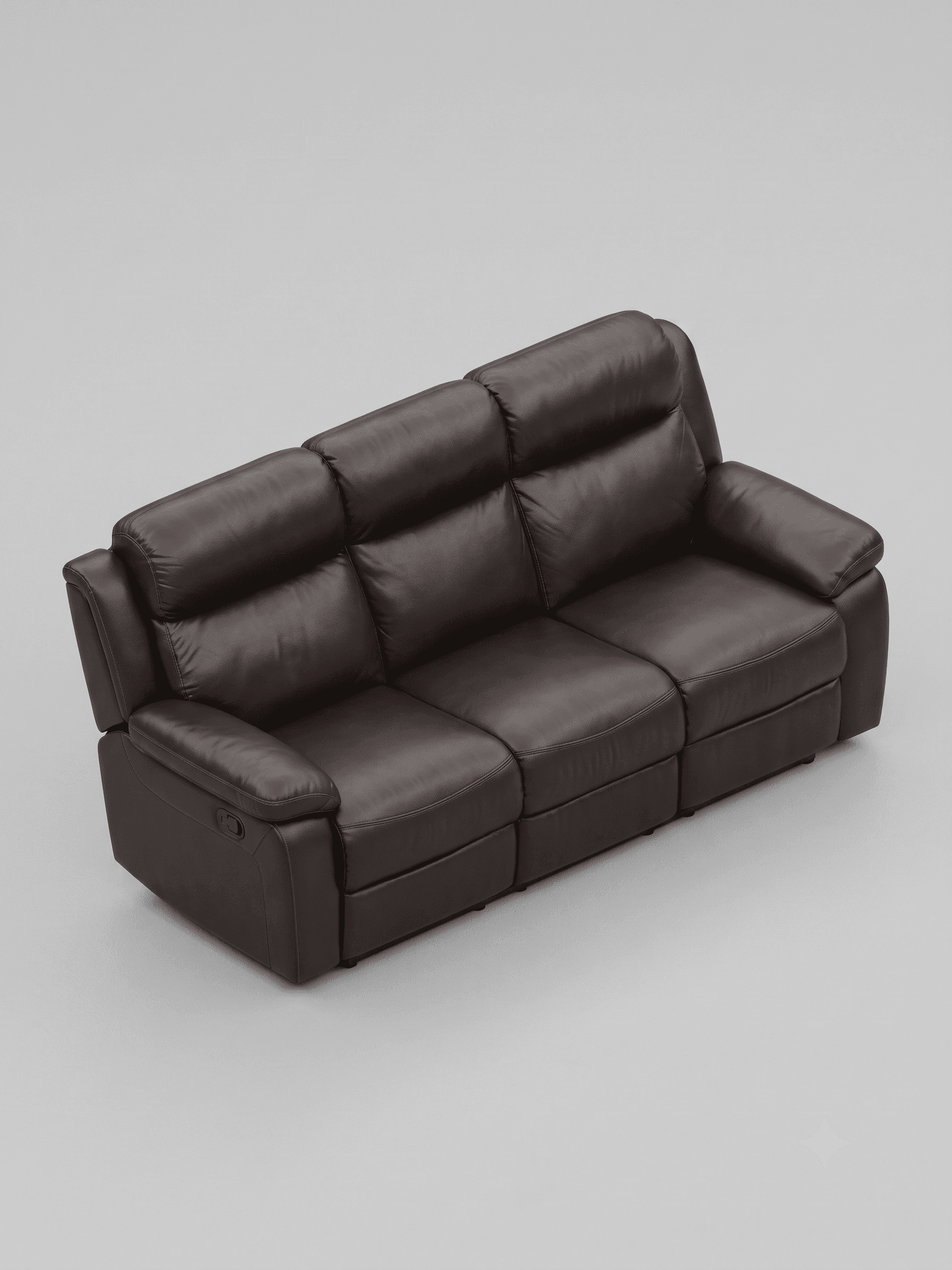 A three-seater contemporary sofa upholstered in dark brown leather, featuring integrated reclining mechanisms on the outer seats. The design emphasizes comfort with plush, segmented backrests, cushioned seats, and padded armrests. A manual lever for operating the recline function is visible on the side of the armrests. — 3D model