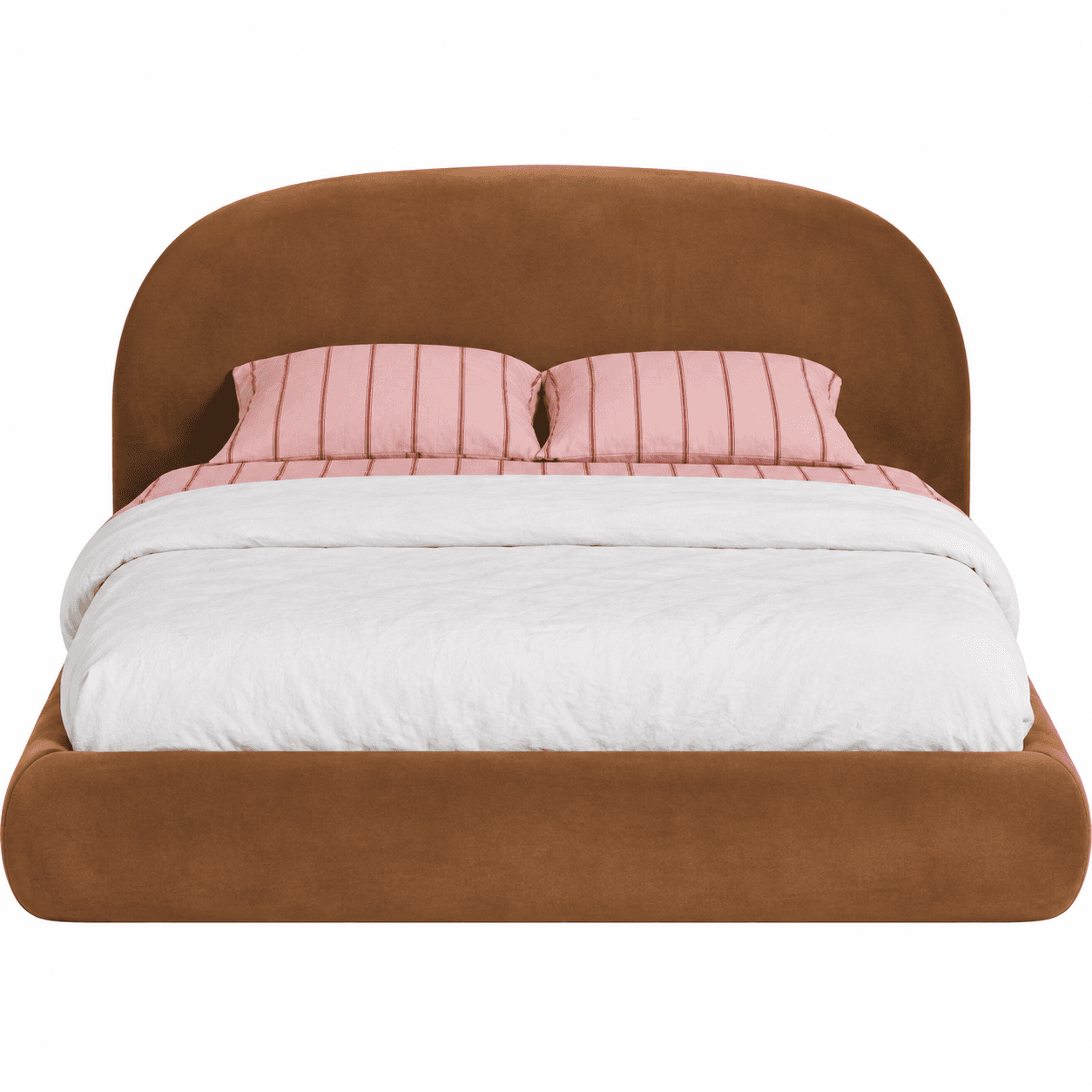 An upholstered platform bed featuring a continuous, integrated design with a softly curved headboard and a low-profile frame. The entire structure is covered in a plush, warm brown fabric, designed for a modern aesthetic. — 3D model