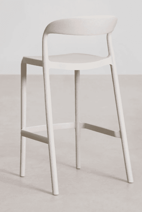 A contemporary bar stool with a curved backrest and a molded seat. The stool has four straight legs connected by stretchers for added stability. The overall design is minimalist and modern. — 3D model