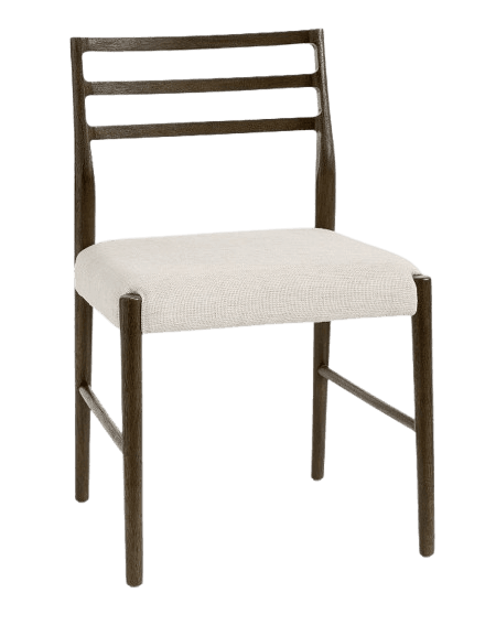 A modern dining chair with a dark wood frame and a light-colored upholstered seat. The backrest features three horizontal slats. The legs are slender and slightly tapered, with a horizontal support connecting the front and back legs on each side. — 3D model