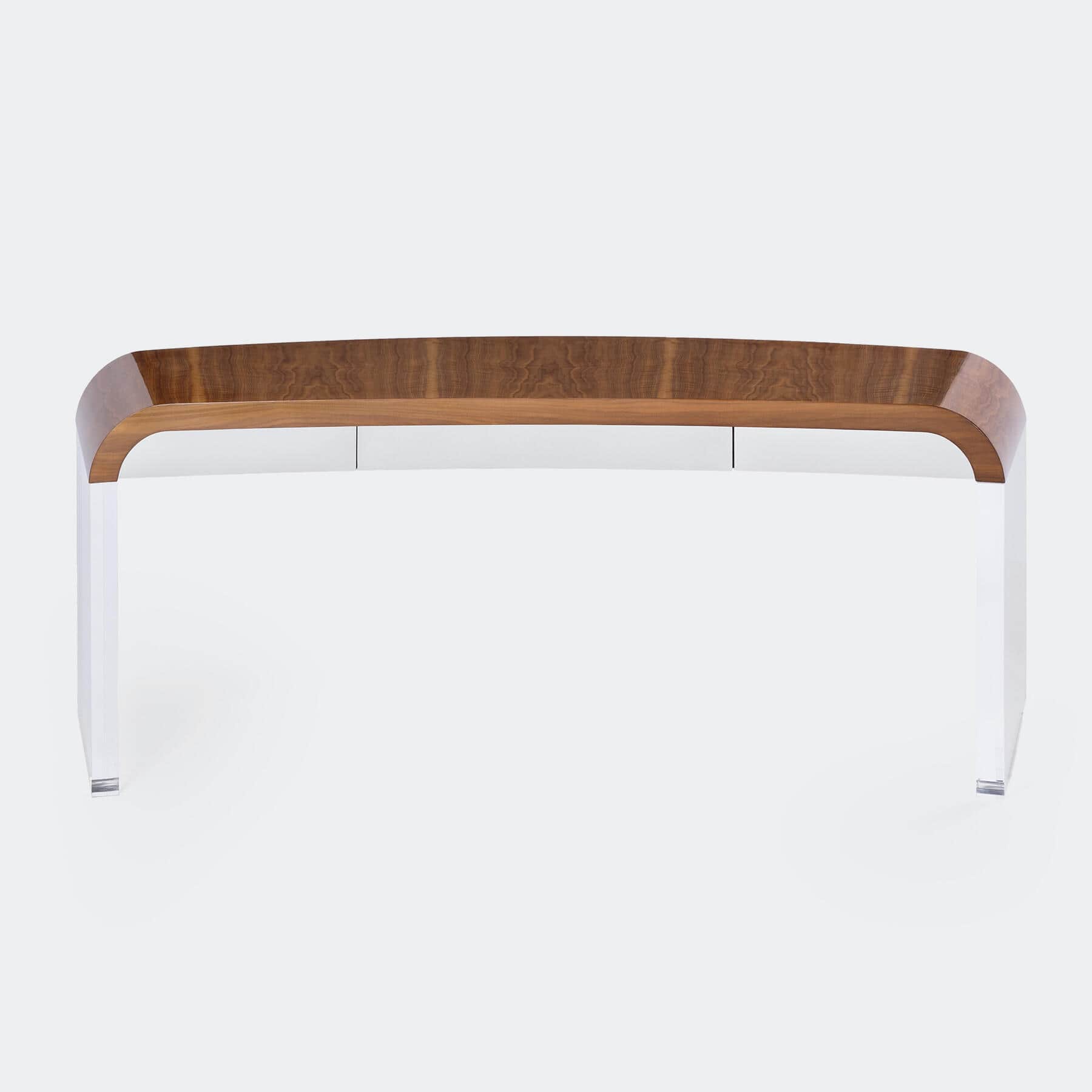 A modern console table featuring a distinctive curved, high-gloss burl wood veneer top that transiti… — 3D model