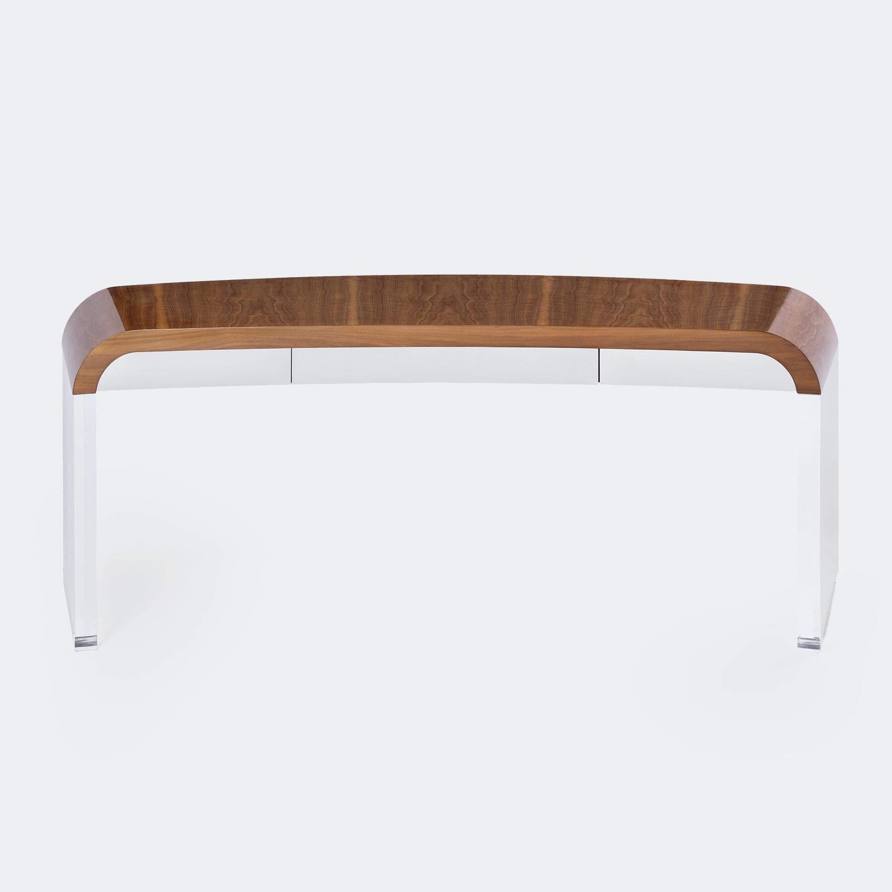 A modern console table featuring a distinctive curved, high-gloss burl wood veneer top that transitions seamlessly into a sleek, white lacquered base. The design incorporates three handleless drawers discreetly integrated into the white front panel, maintaining a minimalist and contemporary aesthetic. — 3D model