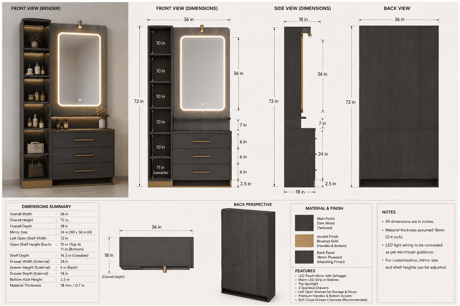 This is a modern dark wood vanity or dressing table featuring a rectangular mirror with integrated L… — 3D model