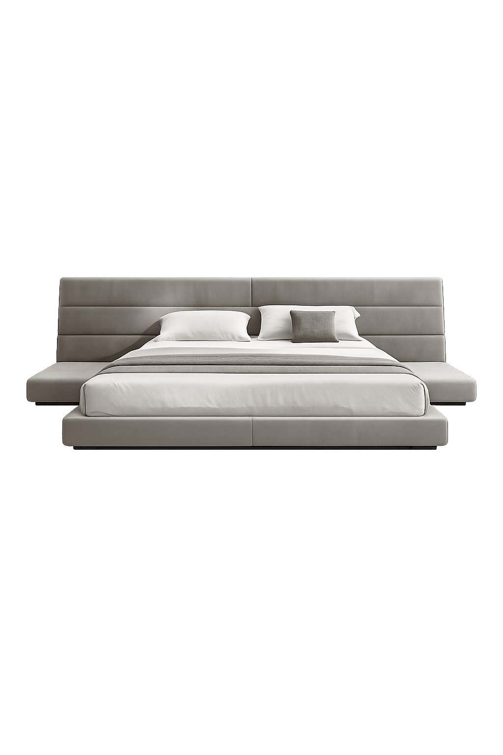 A modern platform bed featuring a low-profile upholstered frame and an expansive, horizontally paneled headboard that extends beyond the mattress, forming integrated side surfaces. — 3D model