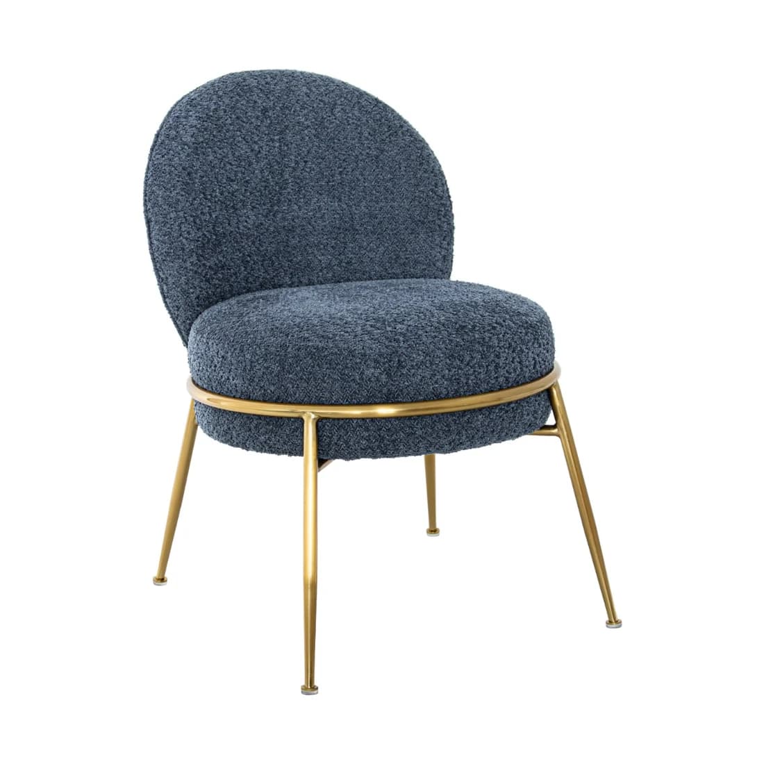 A modern armless accent chair featuring a rounded backrest and seat, upholstered in a textured dark blue boucle fabric. The chair is supported by four slender, tapered metal legs with a polished gold-tone finish, connected by a circular metal trim that encircles the seat base. — 3D model
