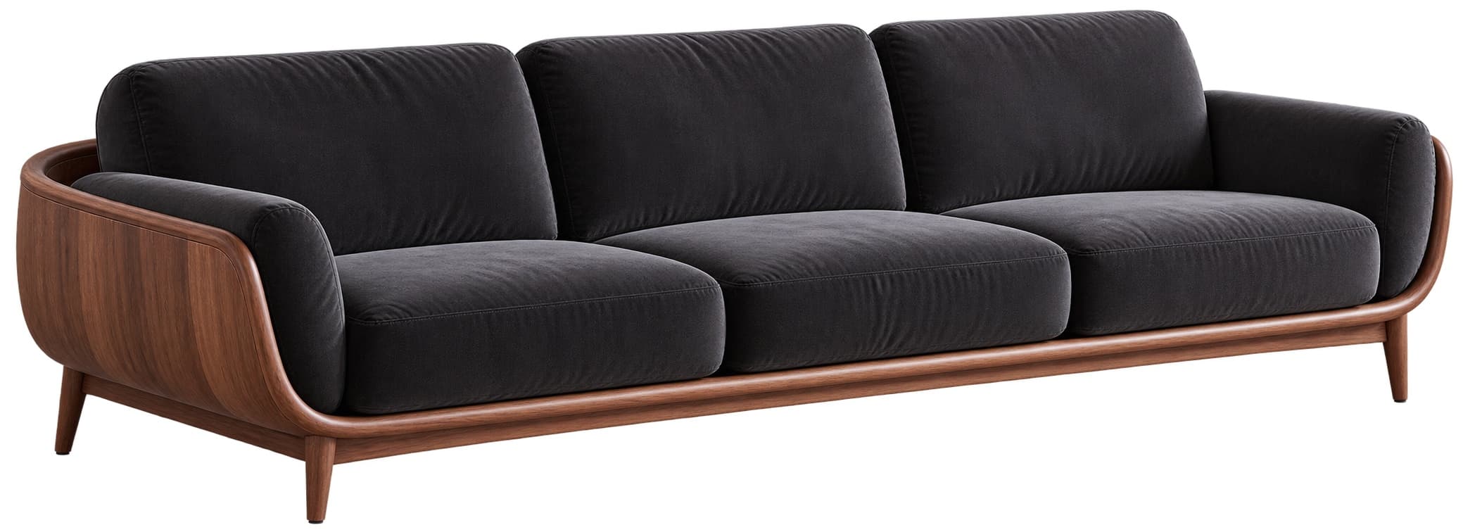 A modern three-seater sofa featuring a dark grey upholstered seating area set within an exposed, curved wooden frame. The frame wraps around the sides and back, forming integrated armrests and tapering into four legs. The sofa has three separate seat cushions and three separate back cushions, all upholstered in a dark, possibly velvet or chenille-like, fabric. — 3D model