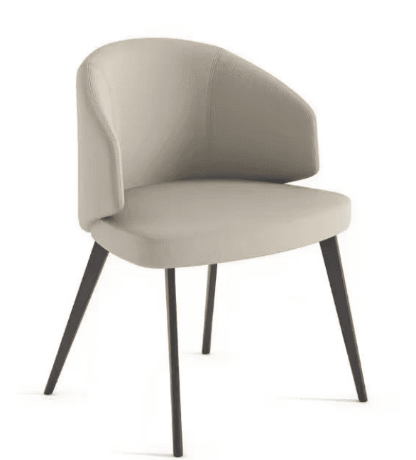 A modern armchair with a curved, upholstered backrest that extends into armrests. The seat is also upholstered. It is supported by four tapered legs that angle outwards. — 3D model