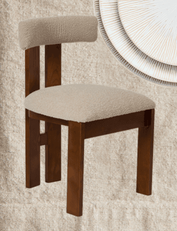 A contemporary wooden accent chair with a dark brown frame and light beige boucle fabric upholstery.… — free BLEND 3D model