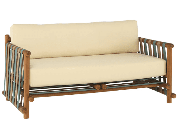 A two-seater sofa with a wooden frame and woven straps on the sides and base. It features a thick, l… — 3D model