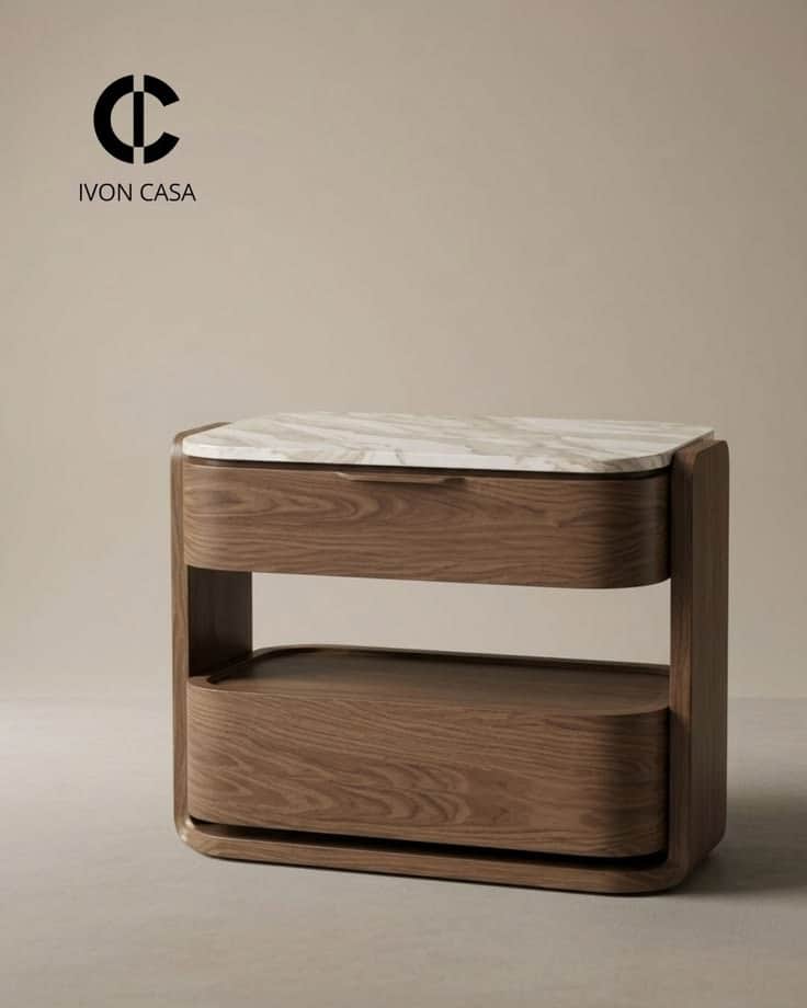 A contemporary nightstand featuring a rich walnut wood construction with softly rounded edges and a… — free OBJ 3D model