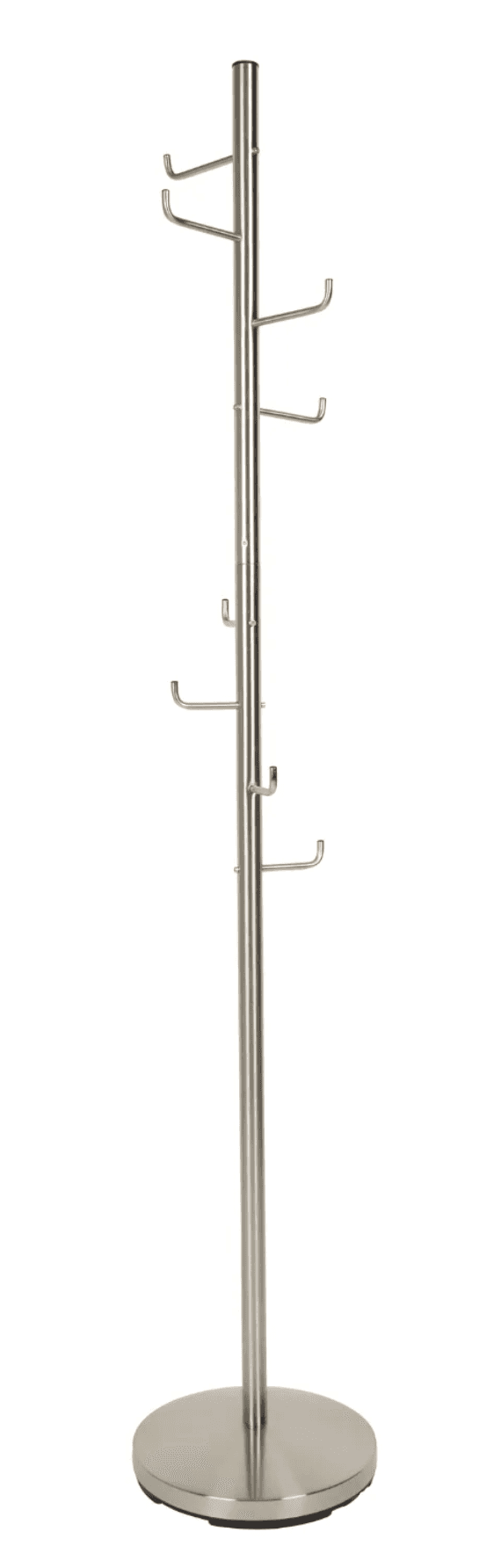 A modern, freestanding coat rack constructed from brushed nickel or stainless steel. It features a s… — 3D model