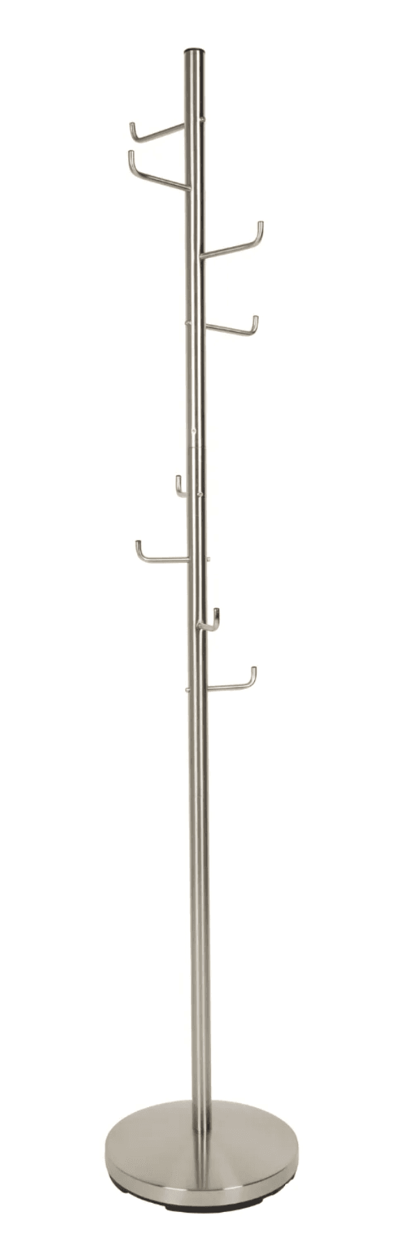 A modern, freestanding coat rack constructed from brushed nickel or stainless steel. It features a sturdy circular base providing stability and a central vertical pole. Multiple U-shaped hooks are affixed at varying heights along the pole, designed to hold coats, hats, and bags. The finish is a uniform matte silver, suggesting durability and a sleek aesthetic suitable for contemporary interiors. The design is minimalist, prioritizing functionality and clean lines. — 3D model