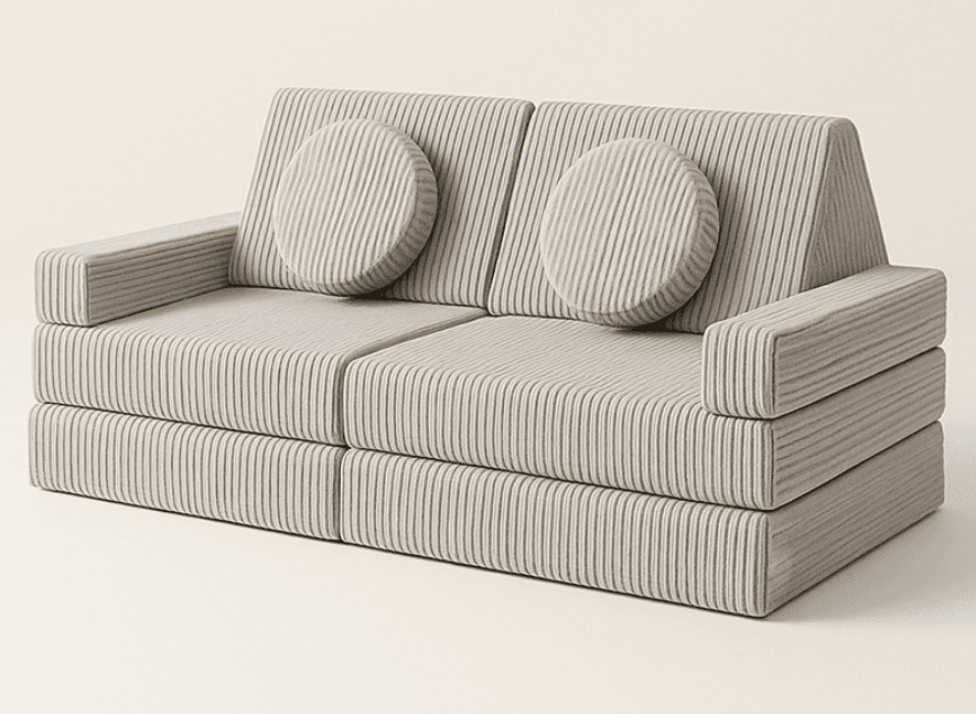 A contemporary two-seater modular sofa upholstered in a light grey ribbed or corduroy-like fabric wi… — 3D model