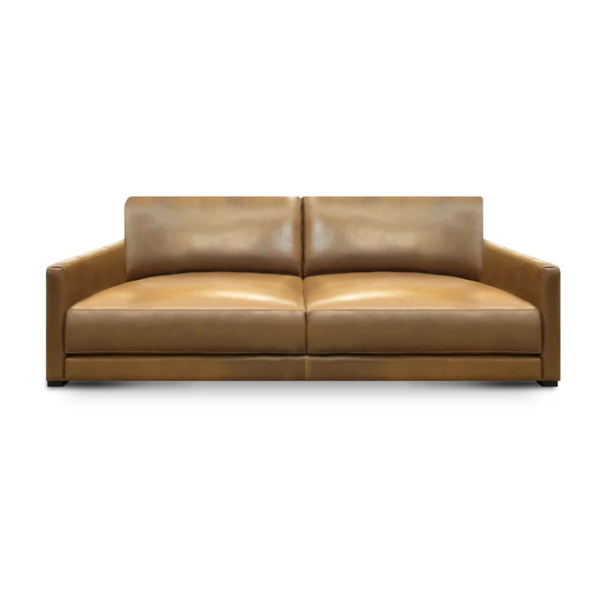 A contemporary style sofa upholstered in brown leather. It features a low profile with square arms a… — 3D model