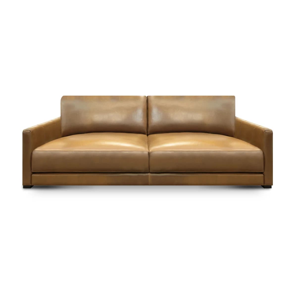A contemporary style sofa upholstered in brown leather. It features a low profile with square arms and two seat cushions and two back cushions. The sofa has a clean, minimalist design. — 3D model