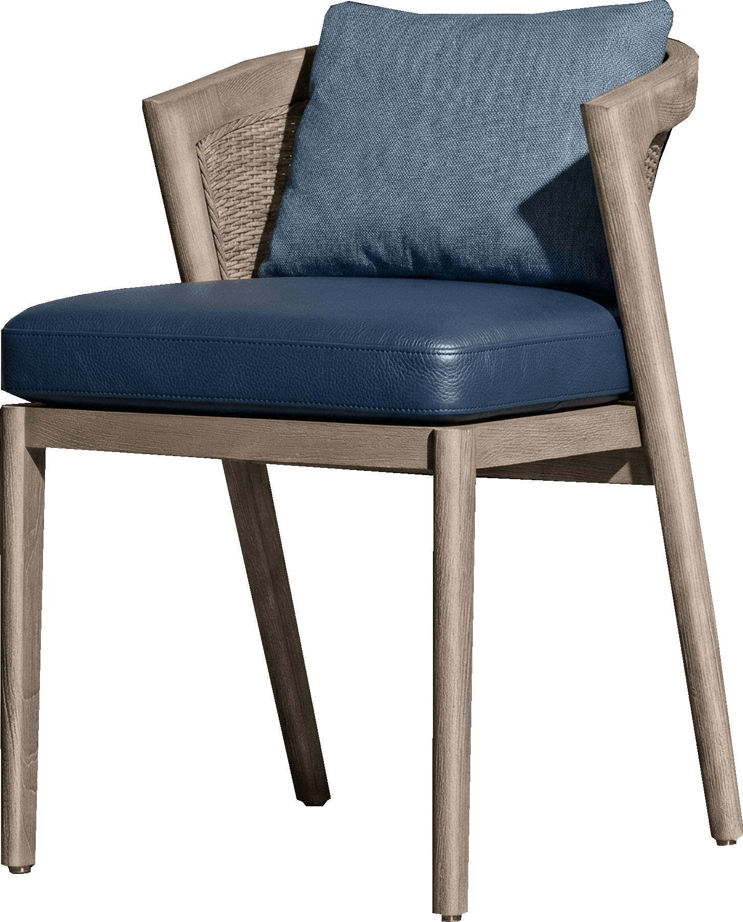 A contemporary armchair featuring a light-toned wooden frame, a woven rattan back panel, a dark blue leather seat cushion, and a lighter blue fabric back cushion. The chair has curved armrests and four straight, tapered legs. — 3D model