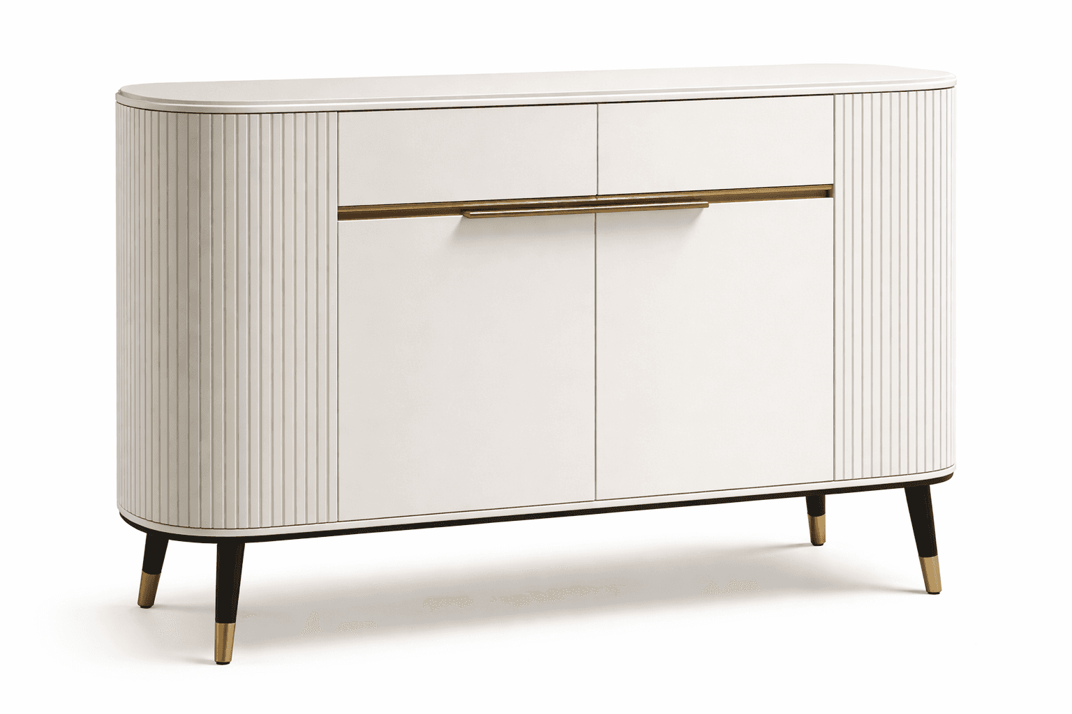 A modern sideboard with a rounded, curved design. It features two front doors and two drawers across… — 3D model