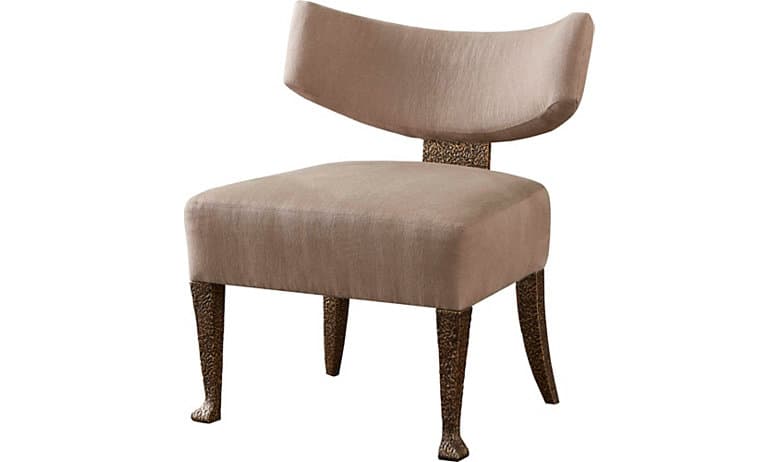 A side chair with a curved backrest and a upholstered seat and back. The chair has four legs with a textured metallic finish. The backrest has a textured metallic element connecting it to the seat. The overall design appears to be modern with artistic leg detailing. — 3D model