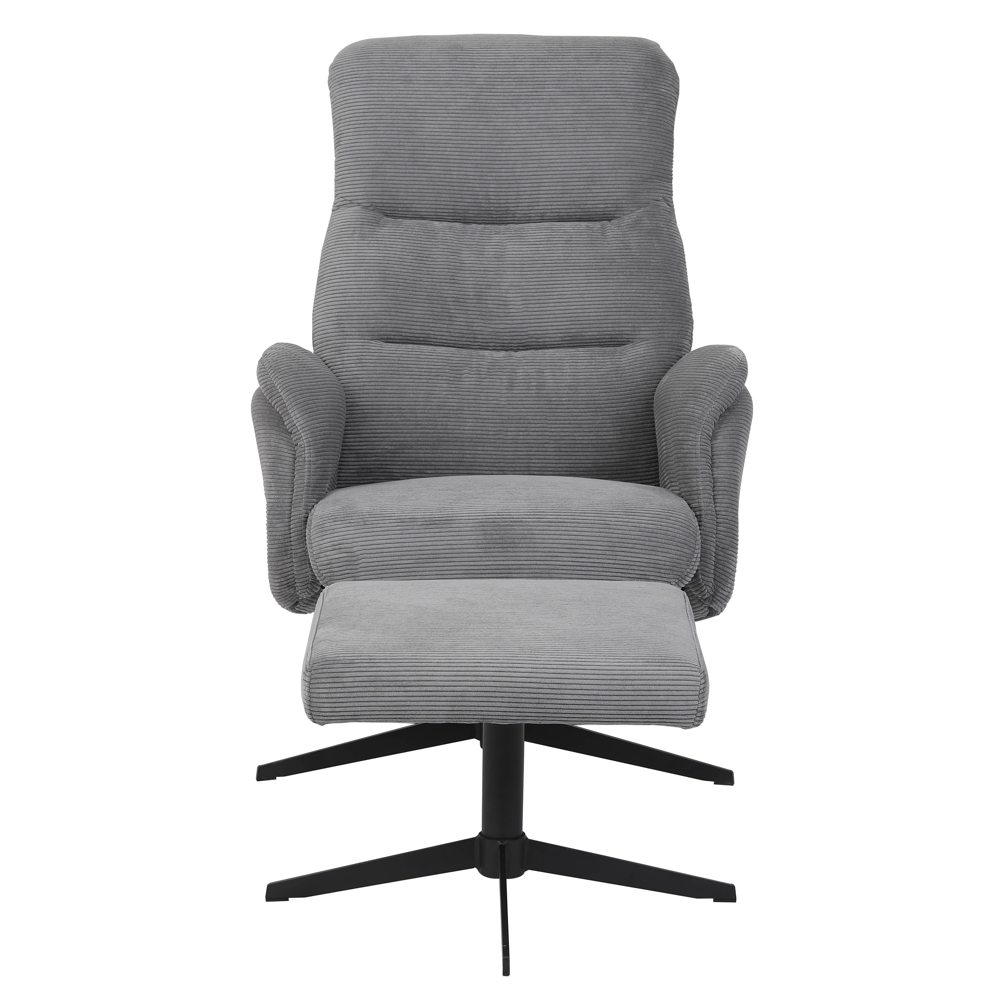 A modern grey corduroy reclining lounge chair with a matching ottoman, both featuring a black four-s… — free GLB 3D model