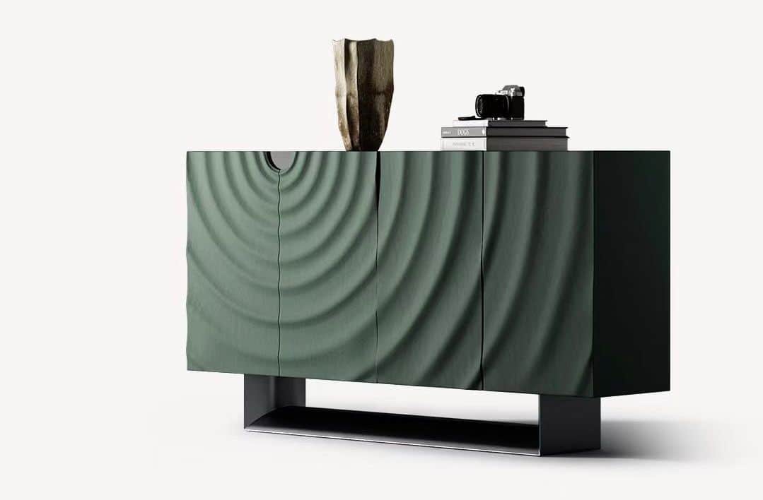 A modern credenza with a distinctive wavy, concentric ring pattern on its front panels. It features… — free BLEND 3D model