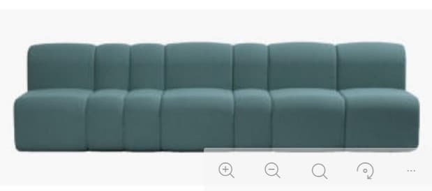 A modern, modular sofa with a low profile and a series of cushioned segments forming both the seat and backrest. The design is characterized by its minimalist aesthetic and rounded edges, creating a soft, inviting appearance. The sofa is upholstered in a solid-colored fabric. — 3D model
