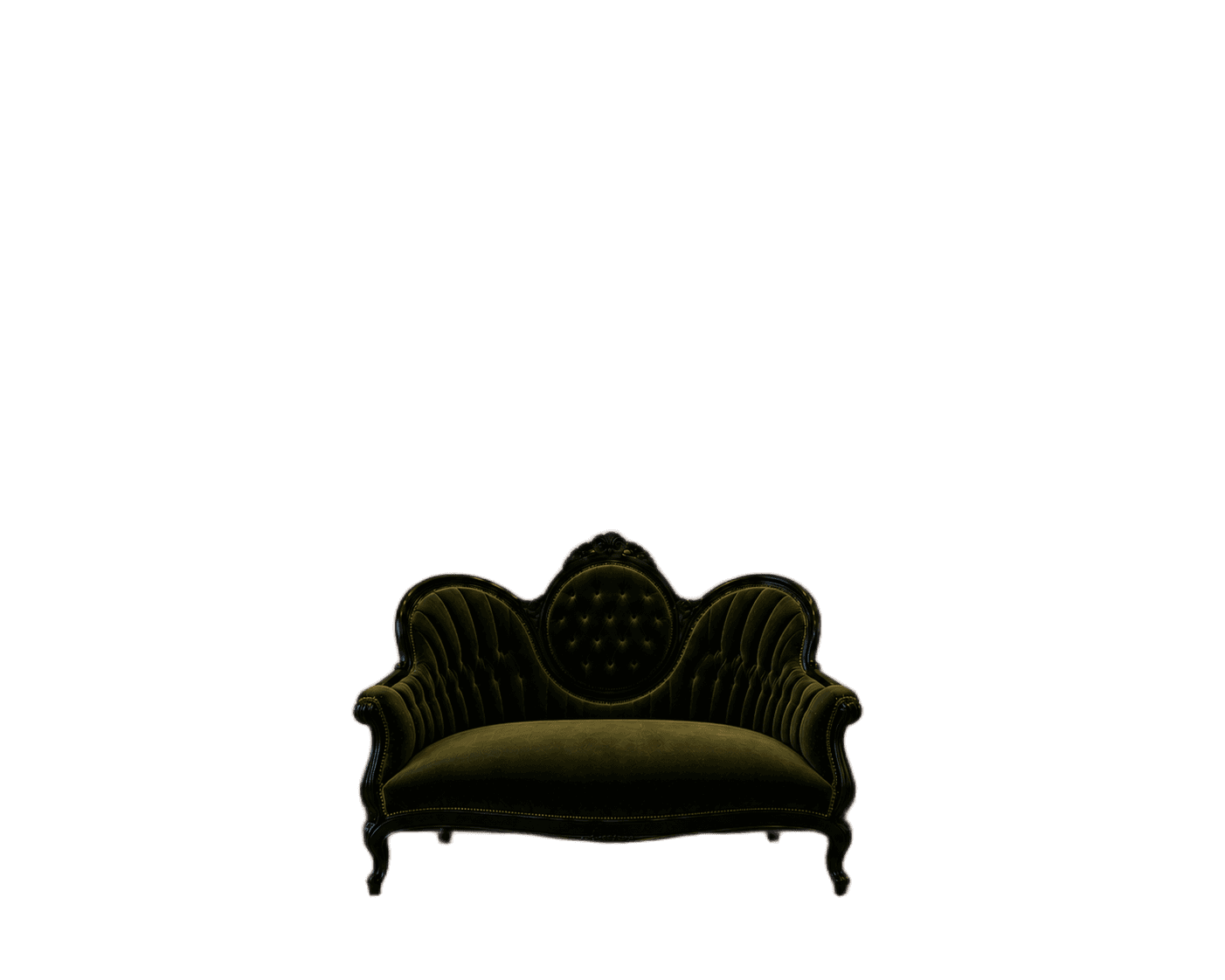 A vintage-style sofa with a dark wooden frame and plush green velvet upholstery. The sofa features i… — free GLTF 3D model