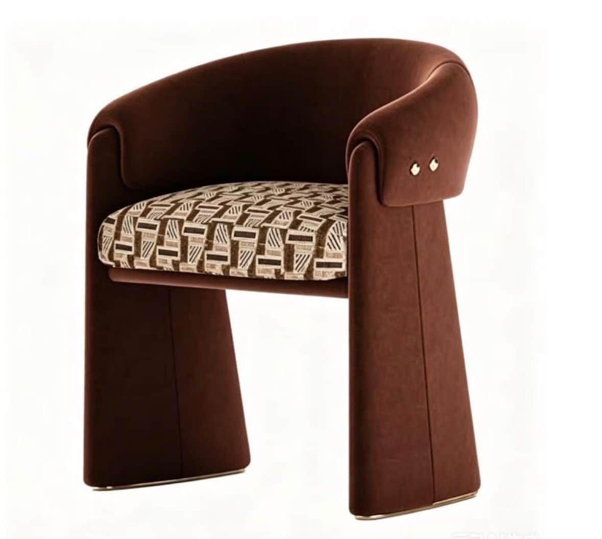 A modern upholstered barrel armchair with a curved back, integrated arms, and a distinct geometric p… — 3D model