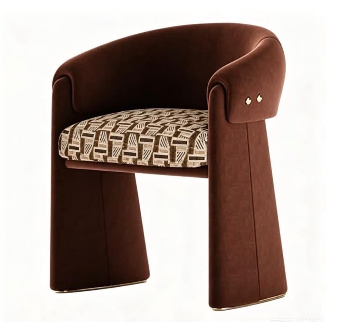 A modern upholstered barrel armchair with a curved back, integrated arms, and a distinct geometric patterned seat cushion. The chair features wide, flat upholstered legs and decorative metallic studs. — 3D model