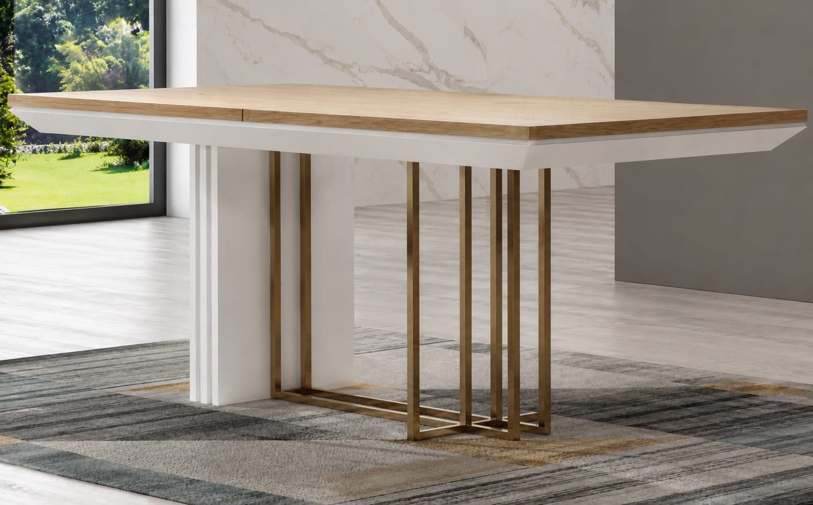 A modern rectangular dining table featuring a light wood-finished tabletop, appearing to be extendable, supported by a distinctive mixed-material base. One side of the base consists of a solid white panel leg, while the other features an open, geometric frame crafted from gold-finished metal. — 3D model