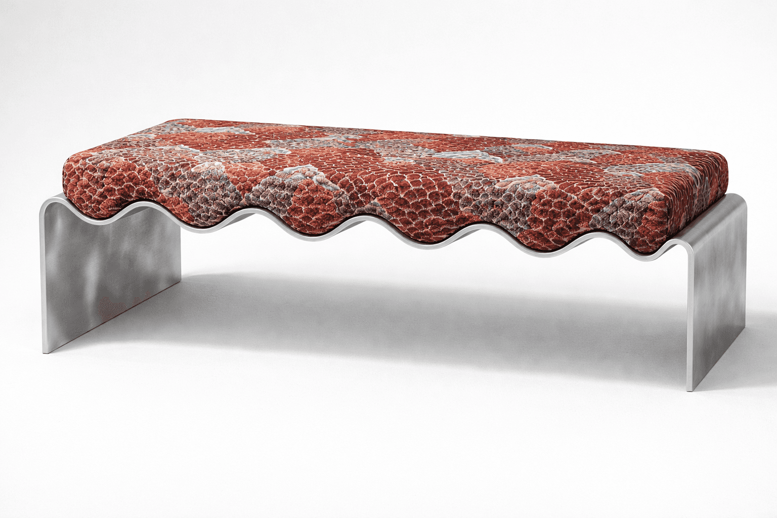 A bench with a distinctive wavy edge on the underside of the seat, supported by curved, U-shaped met… — 3D model