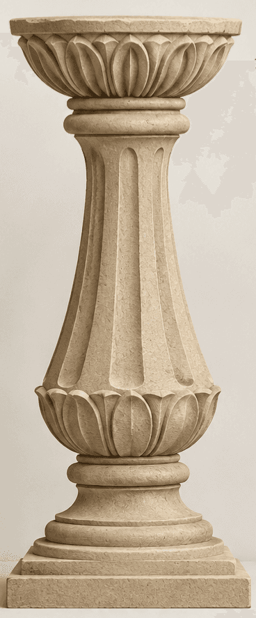 A tall, decorative pedestal crafted from light-colored carved stone. It features a square, multi-tie… — 3D model