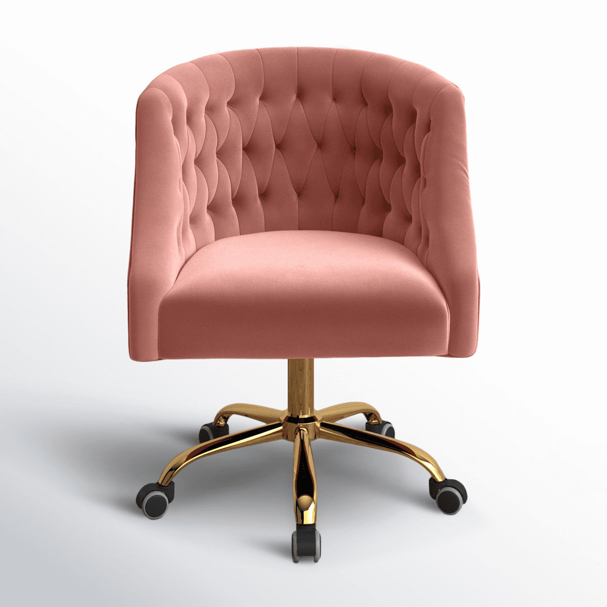 A blush pink velvet upholstered chair with a curved, tufted backrest and seat, supported by a gold-finished five-star swivel base with black caster wheels. The chair features deep diamond tufting on its interior back and arms, creating a classic, plush aesthetic. — 3D model