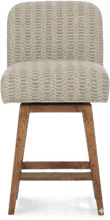 A wooden bar stool with a swiveling seat and backrest upholstered in a patterned fabric. The base is… — 3D model